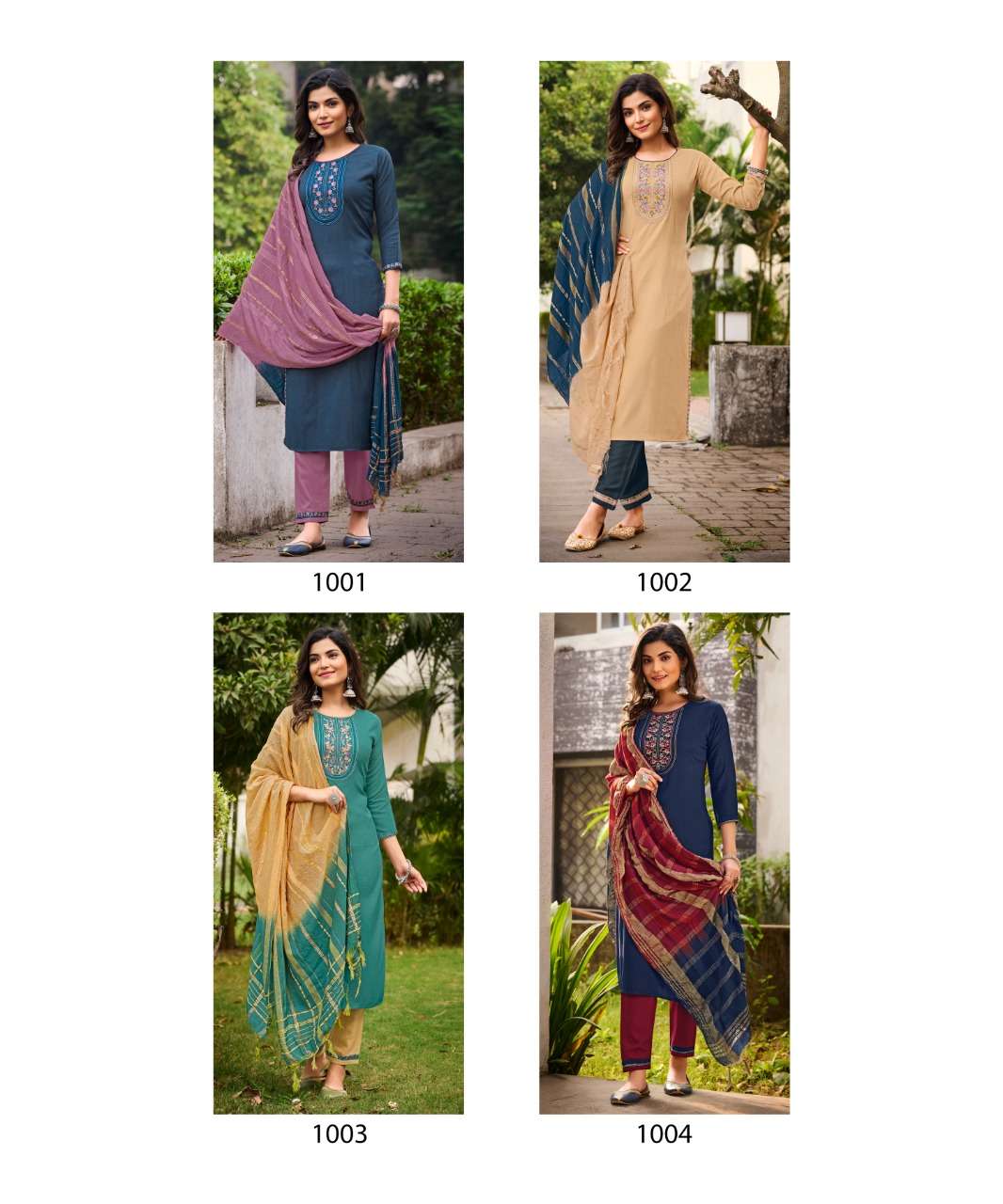 RANGJYOT - VEENA VOL 1 - DOBBY RAYON STYLIST NECK EMBROIDERY WORK KURTI WITH 14 KG RAYON WITH EMBROIDERY WORK PANT AND CHANDERI CORONA DUPATTA - INDEX 1